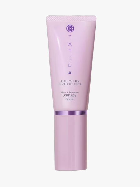 Tatcha The Milky Sunscreen SPF 50+ PA++++ in branded tube component on a light gray background