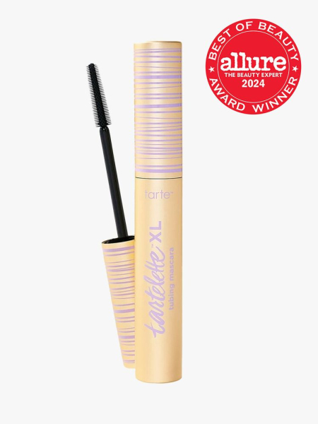 Tarte Tartelette XL Tubing Mascara in branded tube twist off component with red 2024 Allure Best of Beauty Award winner seal on a light gray background