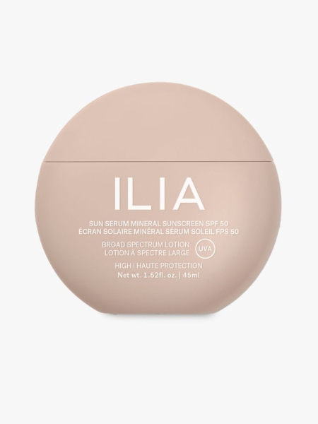 Ilia Sun Serum Mineral Sunscreen SPF 50 in branded component on a light gray background