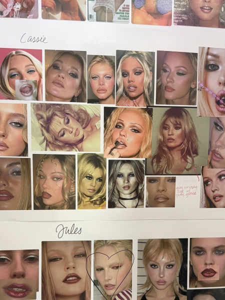 A photo of a makeup mood board from inside the Euphoria season 3 makeup trailer.