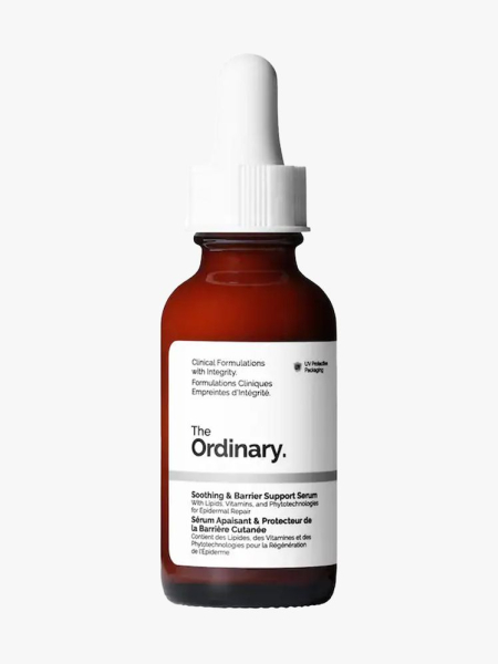 The Ordinary Soothing & Barrier Support Serum in branded dropper component on a light gray background